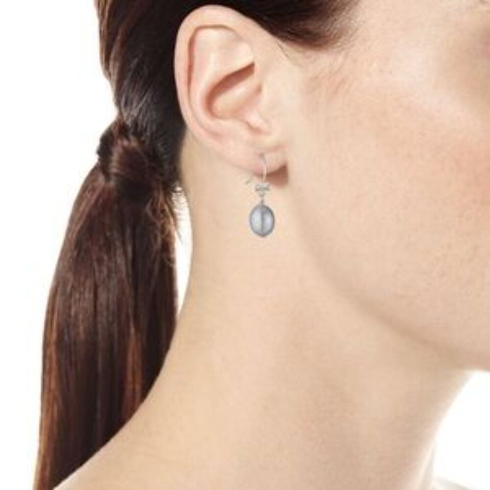 TORY BURCH ? Silver Gray Pearl Drop Logo Earrings - Picture 2 of 4
